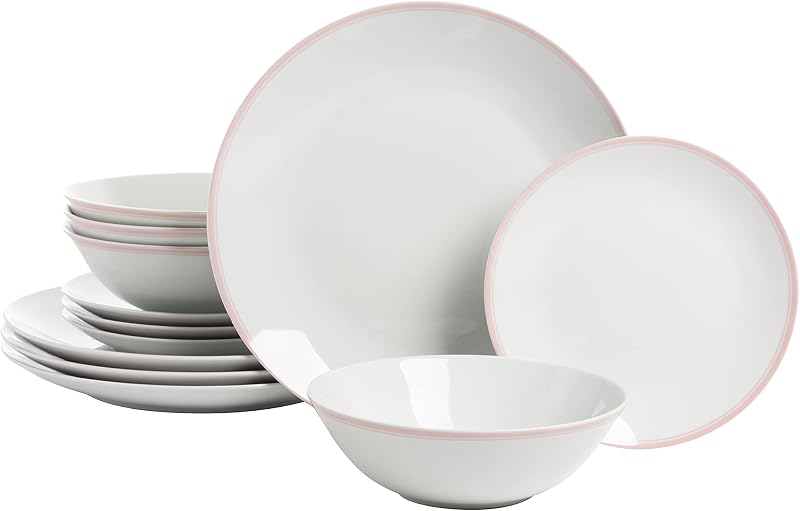 10 Strawberry Street Coupe Double Line 12 Pc, Pink Dinnerware Set, Misty Rose,SM-1200-CP-P