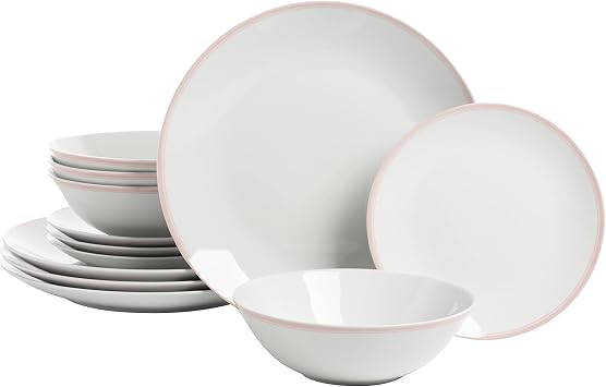 10 Strawberry Street Coupe Double Line 12 Pc, Pink Dinnerware Set, Misty Rose,SM-1200-CP-P