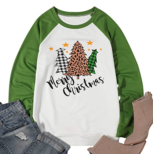 EGELEXY Camiseta feminina Merry Christmas estampa de árvores piald de leopardo de natal blusa casual