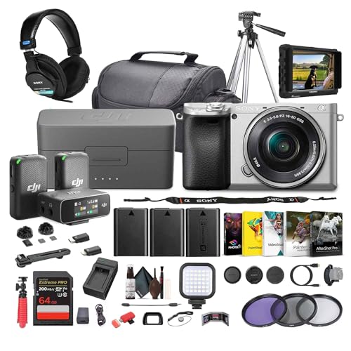 Sony a6400 Mirrorless Camera with 16-50mm f/3.5-5.6 II Lens (Silver) (ILCE6400L/S) + DJI Wireless Mic 2 2 + Monitor + Pro Headphones + Tripod + Photo Software + 2 x 64GB Memory Card + More