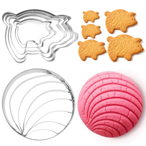 Betus Mexican Concha Bread Cutter and 5Pcs Marranito Pig Cookie Cutters Set – Traditional Pan Dulce Baking Molds for Conchas & Mexican Gingerbread Pigs – Perfect for Día de los Muertos and Baking