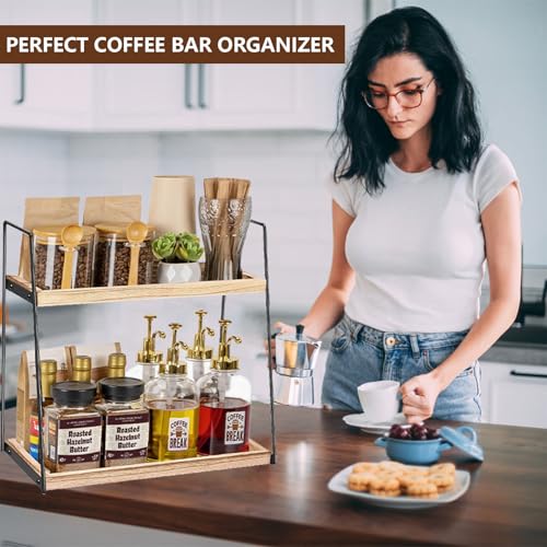 Aolawco 2 Tier Coffee Station Organizer for Countertop, Coffee Bar Accessories and Organizer, Coffe Condiment Storage, Wooden Counter Shelf Organize for Kitchen, Bathroom, Office (Patented Design) - Image 2