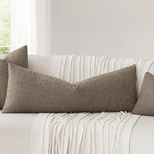 Image of Foindtower Decorative Textured Boucle Throw Pillow Covers Accent Solid Pillow Cases Neutral Long Body Lumbar Couch Cushion Case for Chair Sofa Bedroom Living Room Home Decor 14x36 Inch,1PC,Light Brown