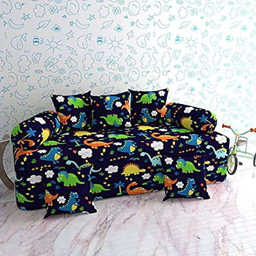 Microfiber Unique Animal Cartoons 250TC Diwan Set of 8pcs - Single Bedsheet with 2 Bolster Covers and 5 Cushion Covers - Blue Dinosaurs - 60x90 inches-picture-29