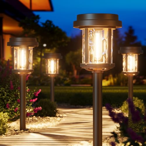 XMCOSY+ Solar Pathway Lights, Dual-Tone Solar Lights Outdoor Waterproof IP65, 20 LM LED Bright Glass Outside Light for Garden Path Yard Walkway Driveway (Black & Brown) Black & Brown 4 Pack