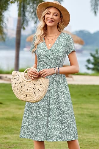 Image of OUGES Maternity Nursing Dress Breastfeeding Short Sleeve V Neck Casual Pregnancy Clothes with Pockets