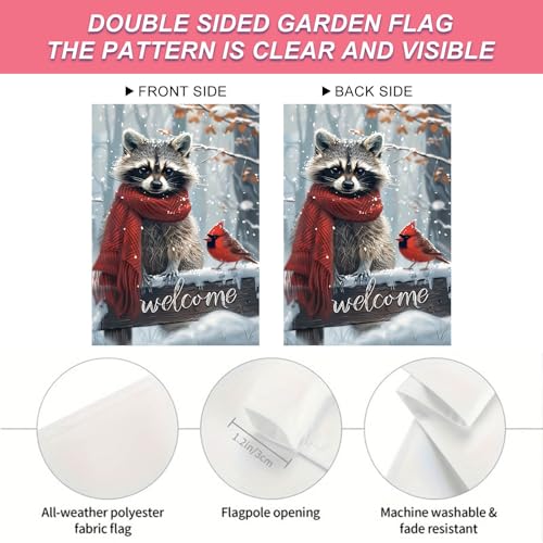 Image of BlissYard Garden Flag Raccoon Woodland Bird Winter 12x18 Inch Polyester