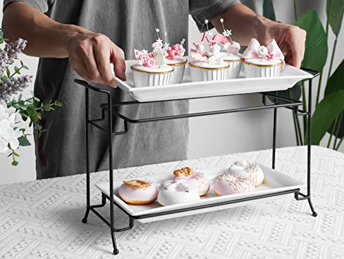 Onemore 2-Tier Serving Tray, Collapsible Food Display Stand With Microwave Freezer And Oven Safe Rectangular Ceramic Platters Perfect For Indoor/Outdoor Celebrations And Parties - Bright White #TOP2
