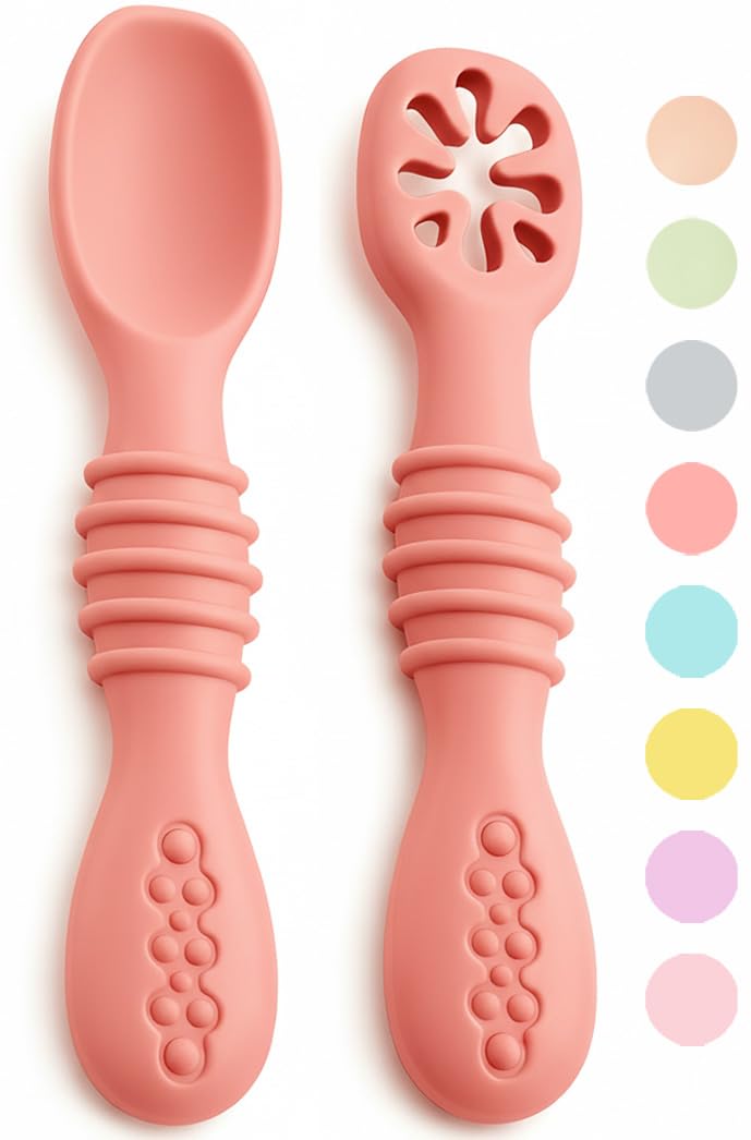 VegMai® Baby Pre-Spoon, BLW Learning Spoon, Level 1 + Level 2, Recommended by Nutritionists and Experts, Baby Led Weaning, Antibacterial and Ergonomic Silicone Cutlery (Pink)