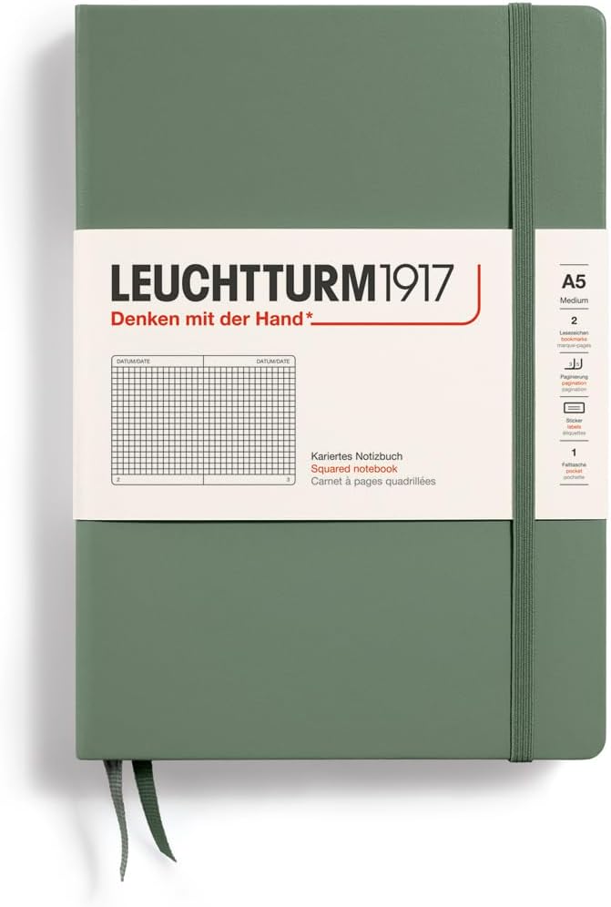 365491 Notebook Medium (A5), Hardcover, 251 Numbered Pages, Olive, Squared