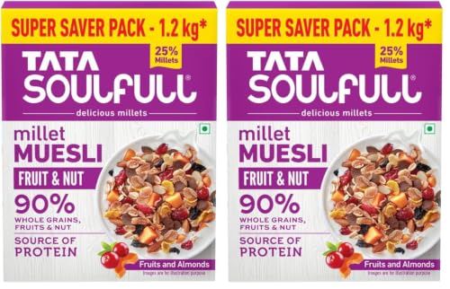 Image of Tata Soulfull Millet Muesli, Fruit & Nut, 1.2 kg, With 20% Crunchy Millets, 90% Whole Grains, Source of Protein, High in Fibre, Contains Ragi, Jowar & Bajra (Pack of 2)
