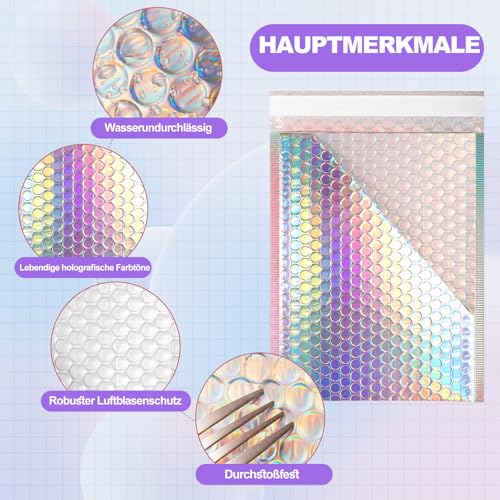 Vabrloy 50 Stück Luftpolsterumschläge Holographisch,mit 50 Dankeskarten,Poly Bubble Mailer,Selbstklebende Versandtaschen mit Luftpolsterfolie,Gepolsterte Umschläge für Verpackung Aufbewahrung,3 Größen