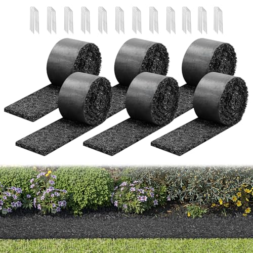 VEVOR Rubber Mulch Mat Roll, 6 Rolls 120 x 4.5 in, Recycled Rubber Permanent Mulch Edging Border, Natural-Looking Flower Barrier with Stakes, 0.5 in Thick Cuttable Garden Edgings for Landscaping