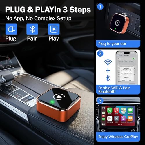 Image of Wireless Carplay Adapter, Suitable for Vehicles Equipped with Cabled CarPlay, Plug and Play Feature enables Fast and Stable CarPlay Wireless Connection, Suitable for 800+ Vehicles (Orange)