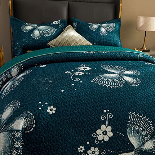 Kindred Home 3 Piece Quilt Set Butterfly Pattern Soft Microfiber Lightweight Coverlet Bedspread Summer Comforter Set Bed Cover Blanket for All Season (Queen, Dark Green)
