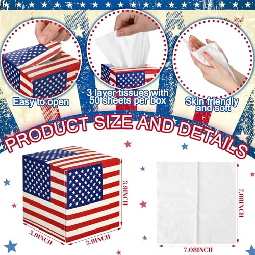 Image of Fourluoo 12 Pcs Patriotic Facial Tissues Cube Face Boxes 600 Sheets 3 Ply Red White Blue Square Tissue Bulk for Veterans Day Independence Car Bedroom Supply(American Flag)