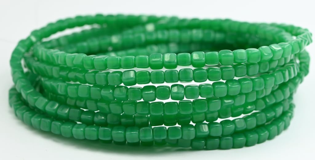 Cube Pressed Glass Beads, Opal Green (52020), Glass, Czech Republic (4 x 4 mm)