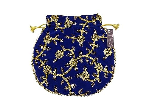 ATHZ Potli Bag Velvet Golden Work Wedding Potli for Ladies (Dark Bright Black, Beige, Blue) - Handbag 3