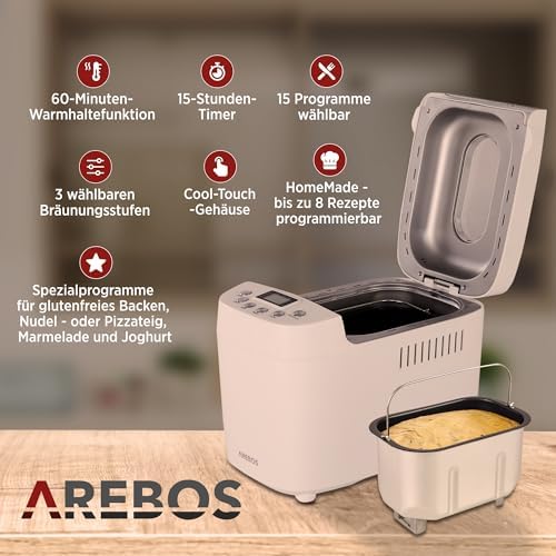 Bild 3 - Arebos Brotbackautomat 1500g | mit 15 Programmen | 2 Knethaken | Timer | LCD Display | 3 Bräunungsgrade und Brotgrößen | 850 W | Weiß