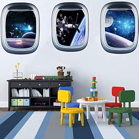 FCSFSF Space Capsule Window 3d Wall Sticker,Outer Space Wall Decals,Removable Wall Mural For Kids Nursery Living Bedroom Decor,Self-adhesive Astronaut Wall Poster Blue 3 Pcs Cover