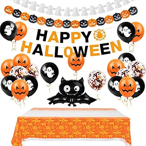 Halloween Party Decoration Set,Xinvery Halloween Tablecloth Happy Halloween Garland Black Orange Latex Confetti Balloons Bat Foil Balloon for Halloween Party Indoor Outdoor Decorations Cover