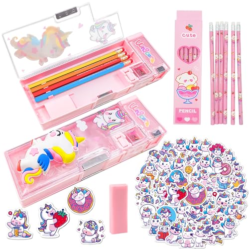 LilyBeauty Conjunto de estojo de lápis multifuncional para meninas e meninos, artigos de papelaria organizador de materiais escolares com 5 peças, apontador, borracha e adesivos fofos, ótimos