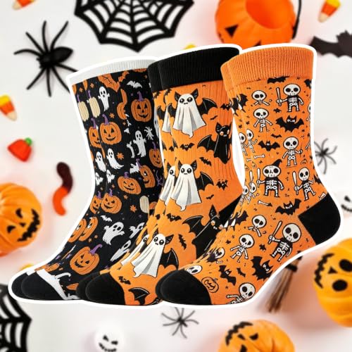 Halloween Ghost Pumpkin Socks, 3 Pairs Men Women Skeleton Mid Calf Socks - image 3