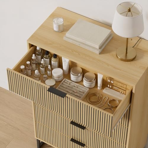 Image of Tall 5 Drawers Dresser Set of 2 for Bedroom, Natural Wood Dresser with Metal Handle, 49.2'' Chest of Drawers Modern Drawer Organizer with Large Drawers for Living Room, Cloest, Hallway