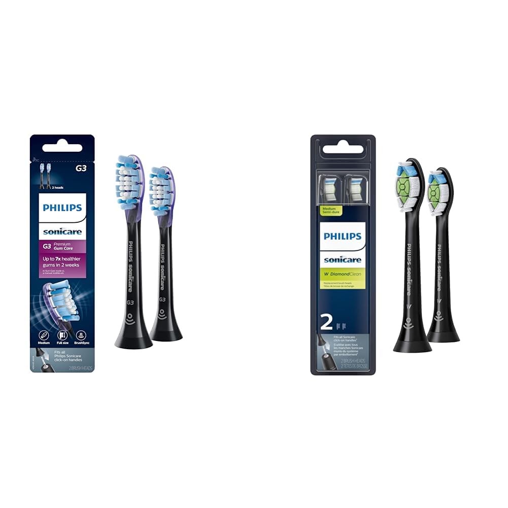 Philips Sonicare Genuine G3 Premium Gum Care Replacement Toothbrush Heads, 2 Brush Heads, Black, HX9052/95 & Genuine W DiamondClean Toothbrush Heads, 2 Brush Heads, Black, HX6062/95