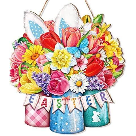 Easter Door Decorations Flowers Bunny Wooden Door Hanger Bunny Decor for Front Door 11.8 x 11.8'' Vase with Flowers Easter Hanging Sign Happy Easter Door Sign for Wall Indoor Outdoor Spring Home Decor Cover