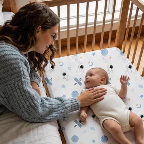 Image of Gllquen Baby Bedside Sleeper Bassinet Sheets 33x20 Inch 4 Pack Girl Boy | Soft OEKO-TEX Certified Bassinet Crib Sheet, Compatible with Baby Delight, Newton Rectangle Bassinet Mattress, Blue Astronaut