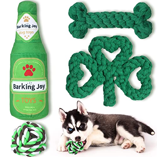 Civaner 4 Pcs St. Patrick's Day Dog Toys Green Shamrock Shaped Rope Dog Chew Toys Green Ball Beer Bone Pet Chew Supplies for Small Medium Dogs Cotton Chewing Supplies(Beer Shamrock)