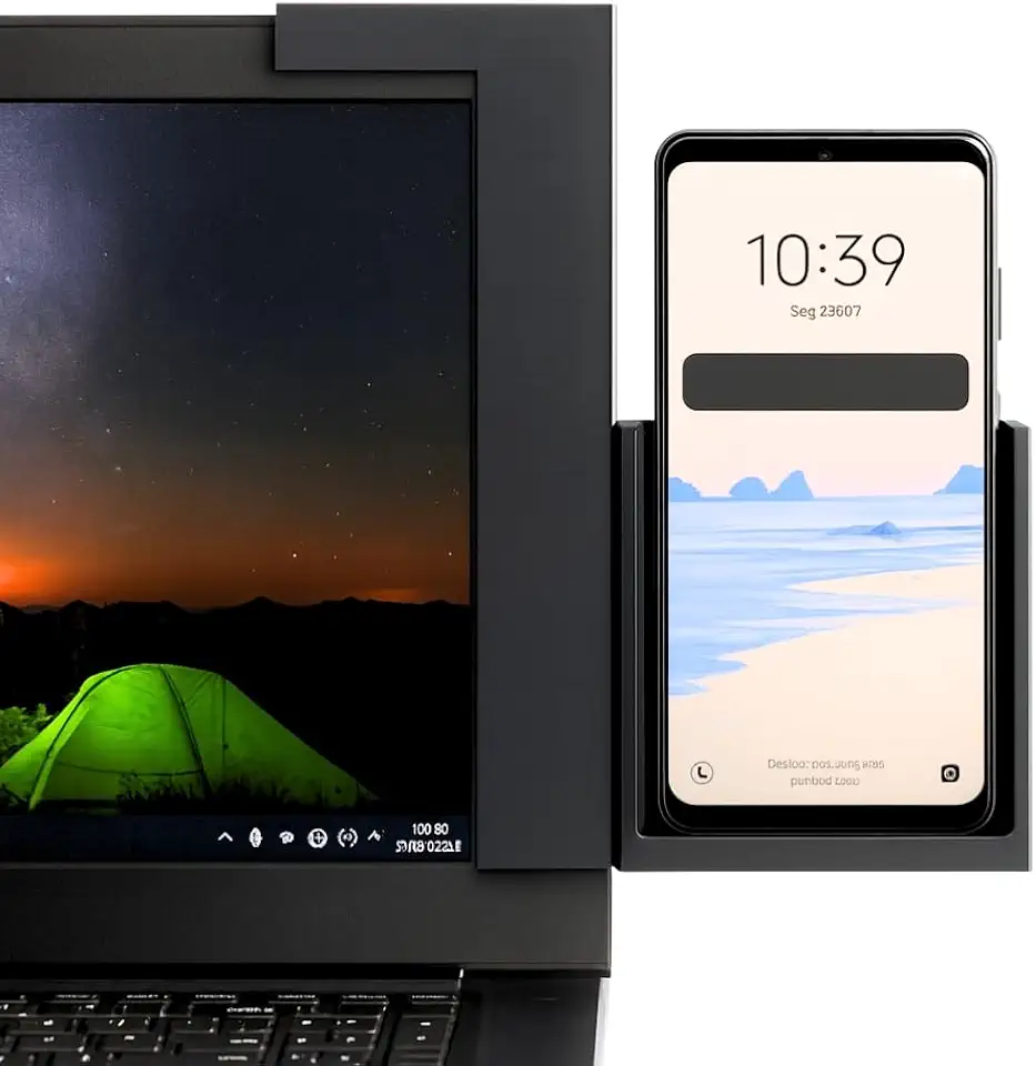 Suporte Universal Para Celular, Fixação em Monitor e Notebook, Preto, PLA Premium, Ajustável, Dimensões