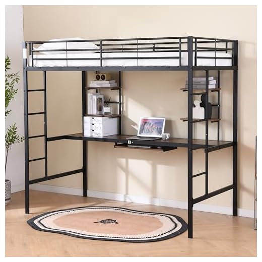 OOIILLEE lit Mezzanine 190×90 cm avec Bureau, Barriere, et 4 étagères de Rangement, lit superposé en métal aux Adolescents et aux Adultes, Noir