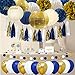 NICROLANDEE Navy Party Decorations Navy and Gold Glitter Paper Lanterns Tissue Pom Poms Hanging Honeycomb Ball for Navy Blue Birthday Decorations Baby Shower Wedding Bridal Shower Home Decor