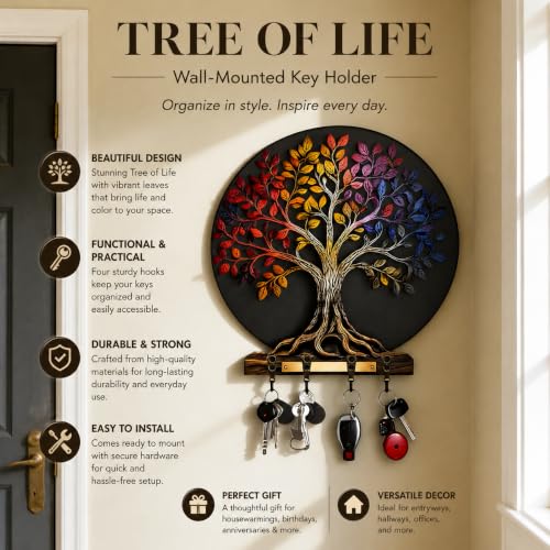 Image of Handcrafted Tree of Life Wooden Key Holder for Wall | Multicolor Decorative Key Rack with 6 Hooks | Stylish MDF Key Organizer for Home Entrance, Living Room, Office & Housewarming Gift