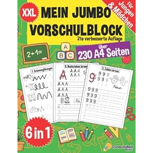 Mein Jumbo Vorschulblock: Spielend einfach Zahlen und Buchstaben lernen plus Schwungübungen – A4 Vorschule Übungshefte…