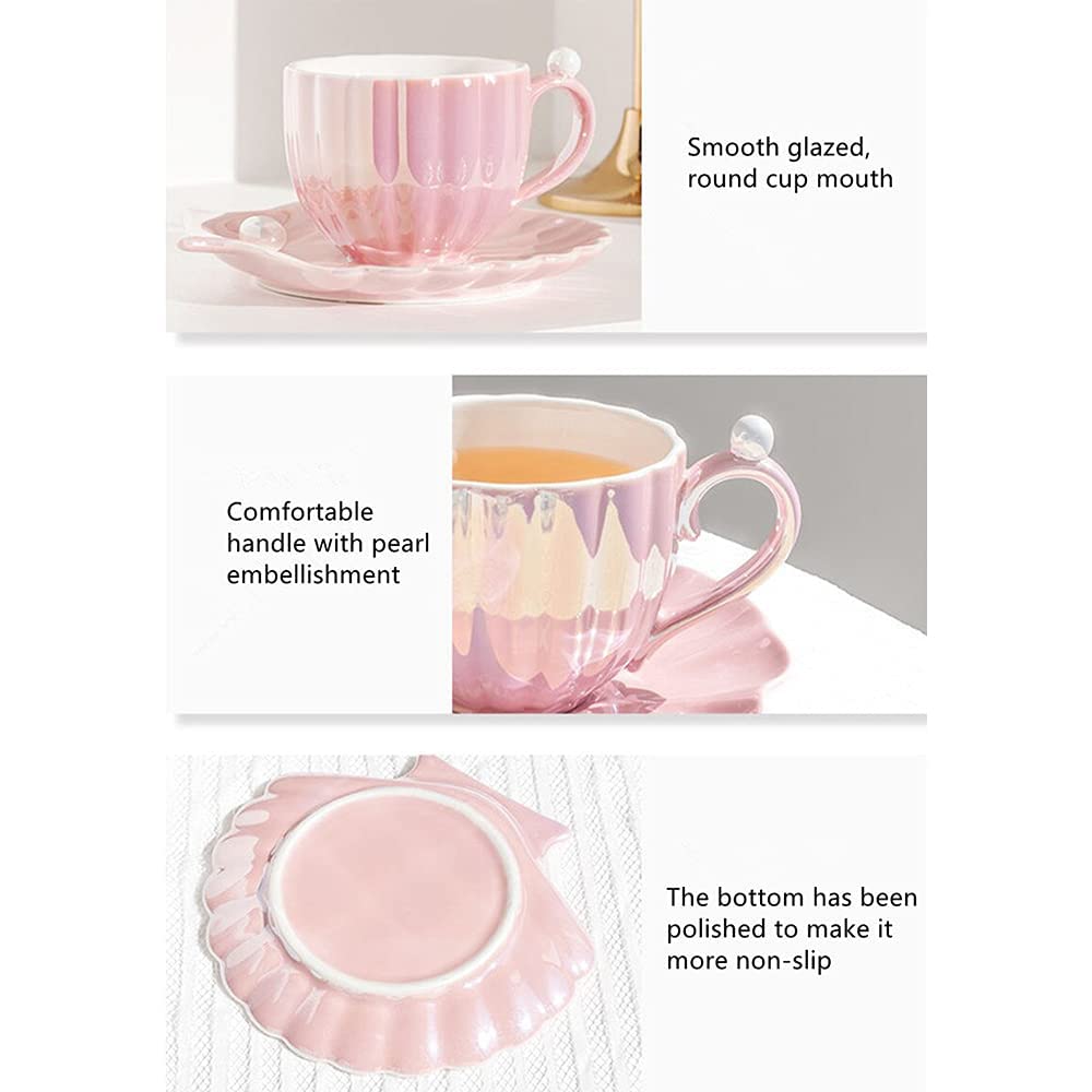 Tazza Da Caffè In Ceramica Pearl Shell Con Piattino - Set Da Tè E Caffè 240 Ml, Manico A Perlina, Regalo Home Decor (Bianco)
