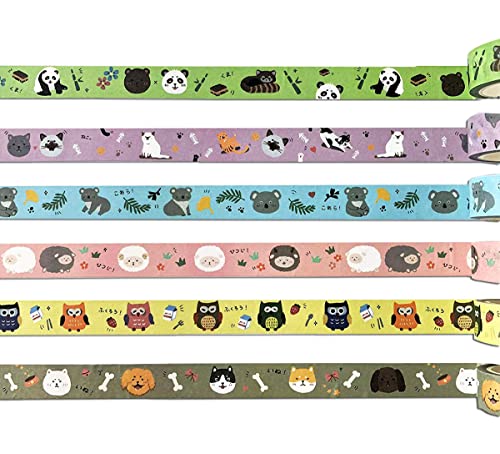 lovielf Cute Kawaii Cartoon Animal Owl Sheep Dog Cat Lesser Panda Bear Koala Pink Yellow Green Washi Tape | Set of 6 Rolls | Length: 7m (7.65 Yards)