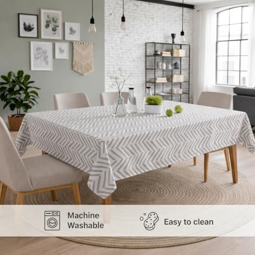 Image of STITCHNEST Lines Printed Poly-Cotton Center Table Cover - Vibrant Grey Rectangle Tablecloth for Coffee & Centre Table - Durable, Washable, Fade-Resistant Fabric - 40 X 60 Inches