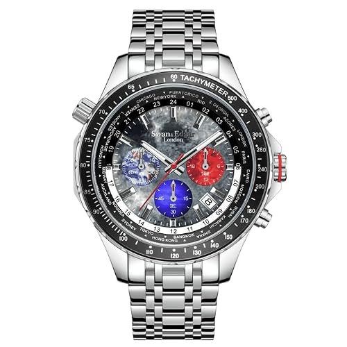 Image of SWAN AND EDGAR World Timer Mechaquartz Chronograph Designer Watch for Men with Saphire Glass, Hand Assembled 30m Water Resistant Analogue Men's Watch with 5 Years Warranty (Steel Grey)