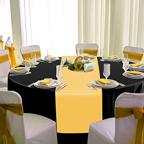 Image of 12 Pack 12x108 Inch Satin Table Runner and 84 Inch Round Plastic Tablecloths Set Black and Gold Disposable Round Table Cover for Graduation Wedding Bridal Shower Anniversary Birthday Party Decorations