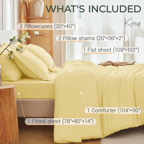 Image of MUXHOMO 7 Pieces King Comforter Set, Seersucker Bed in a Bag King Size, All Season Luxury Bedding Set with Comforter, Flat Sheet, Fitted Sheet, Pillowcases & Shams, Yellow