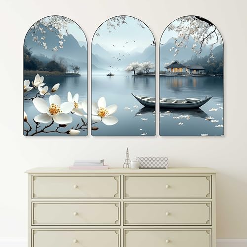 Image of Livin'luxe Serene Lake View Wall Painting | Set of 3 MDF Panel Lotus Flower & Boat Artwork | Scenic Landscape Wall Art for Living Room, Bedroom, Hallway & Office Decor