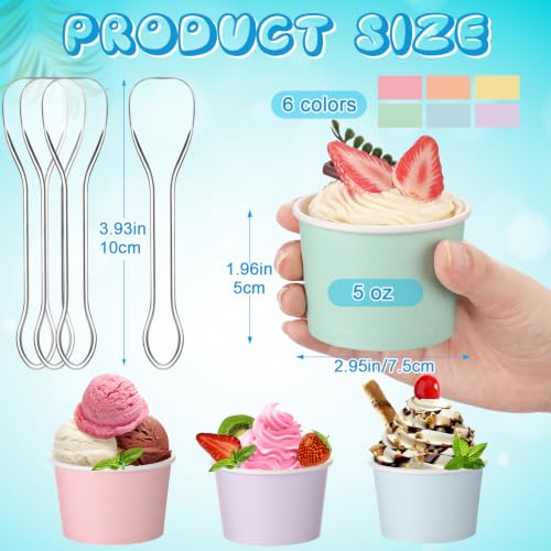 Image of Boao 100 Set 5 oz Ice Cream Cups with Spoons Disposable Paper Sundae Dessert Bowls Summer Party Supplies (Pastel)