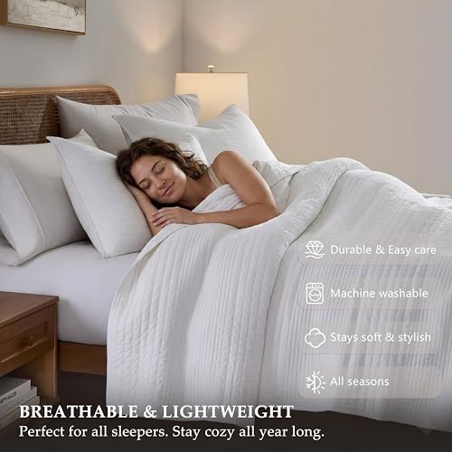 Image of palassio Striped White 100% Cotton Quilt Queen Size Bedding Sets, Lightweight Crinkly Channel Pick Stitch Textured Bedspread Soft Shabby Chic Farmhouse Country Coverlet for All Season, 2 Shams