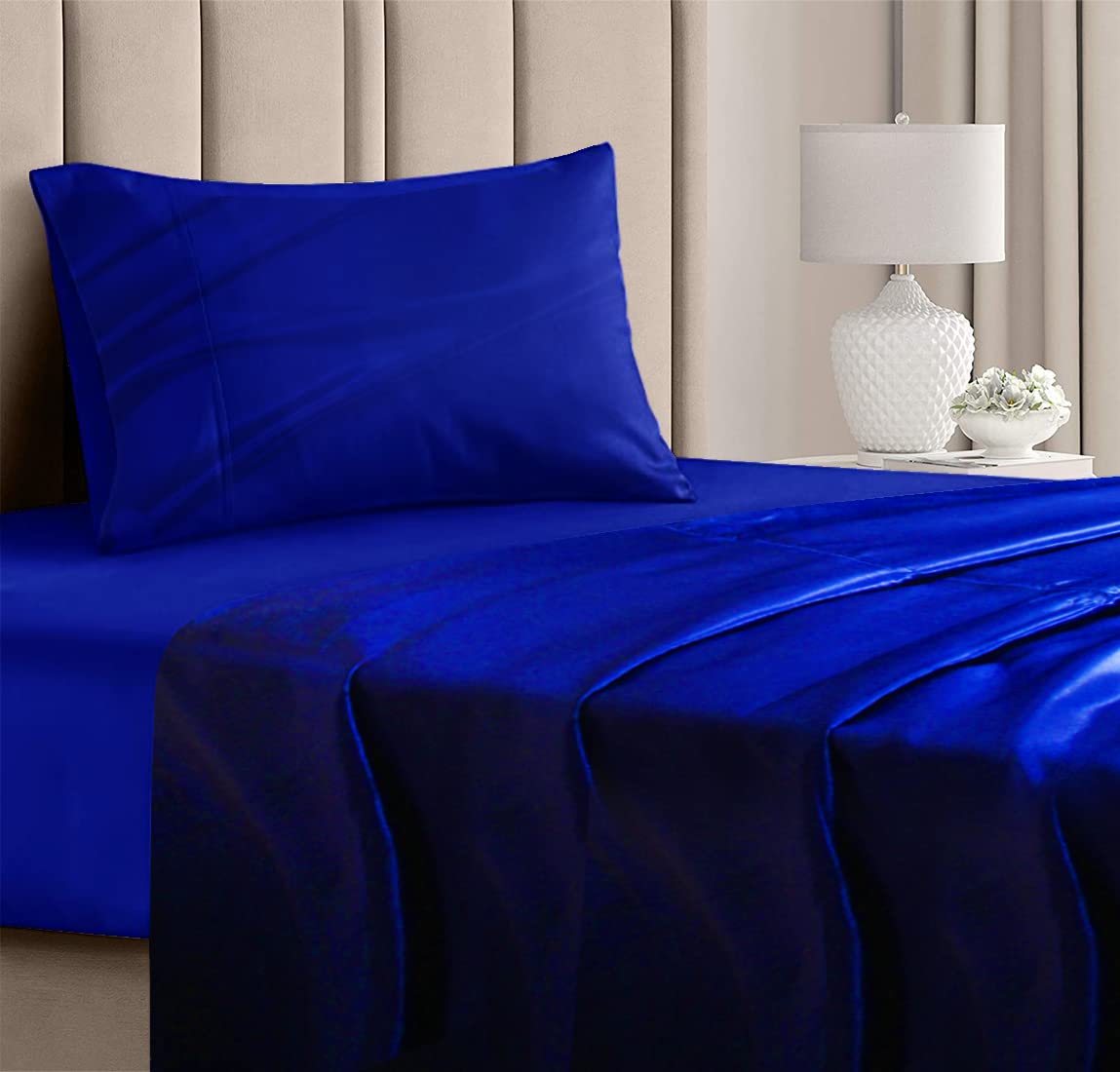 Milano Home Satin Sheets Single/Twin Size Silky Soft Satin Bed Sheets Satin  Sheet Set, Flat Sheet Pillowcase Royal Blue Free Satin Face Mask