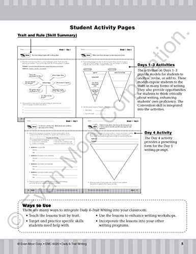 Evan-Moor Daily 6-Trait Writing, Grade 5 Homeschool and Classroom Resource Workbook, Reproducible Worksheets, Teaching Edition, Lesson Plans, Ideas, Organization, Word Choice, Sentence Fluency, Voice - Image 5