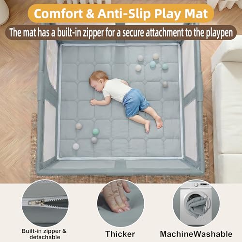 Image of Foldable Playpen with Detachable Thicken Mat,59x71 Inches Portable Playpen,Collapsible Play Pen for Babies and Toddlers,Indoor & Outdoor Baby Fence Play Area,Cold Gray