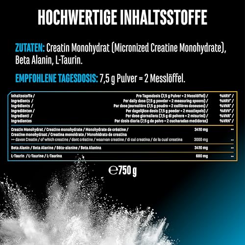 Creatin Beta Alanin Stack - 750g Pulver - Creatin Monohydrat + Beta Alanin + L-Taurin - Hochwertiges Mikronisiertes Kreatin - optimal hochdosiert, vegan
